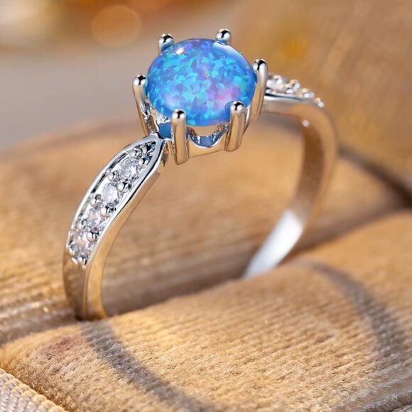 NEW 14k White Gold Blue Opal Diamond Ring Oval Cut Ring Opal Solitaire Ring - Picture 2 of 3